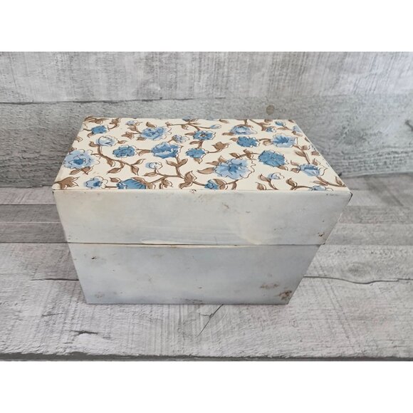 Vintage Ohio Art Co Metal Recipe Box With Blue Floral Lid Design & Recipe Cards - Picture 1 of 13